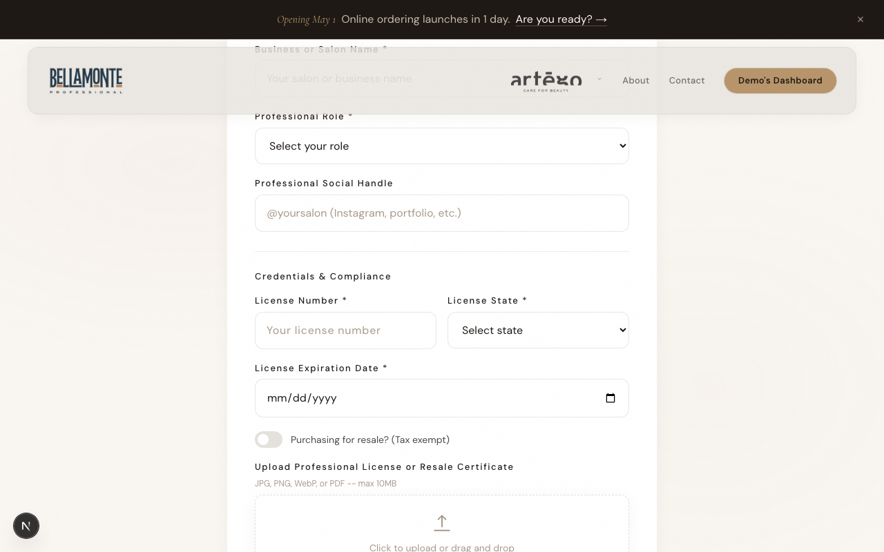 registration form, Credentials and Compliance section with file upload